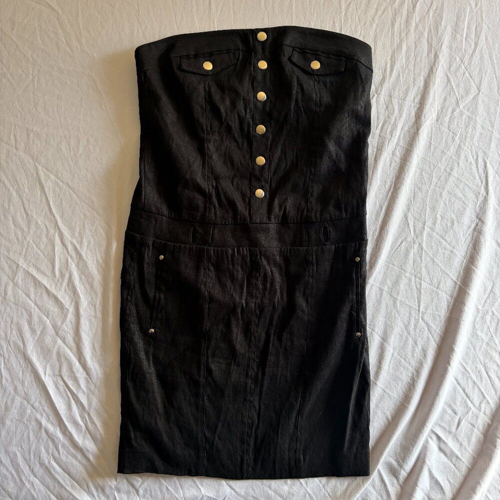 Y2K Bebe Strapless Fitted Dress with Gold Details Back Pockets